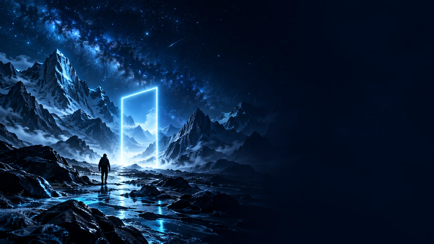 A luminous portal in a futuristic mountain landscape